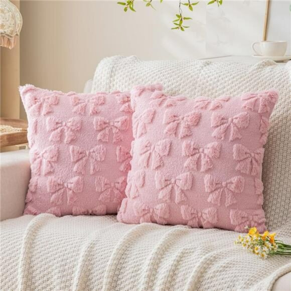 Pink Bow Pillow Covers 18x18 Set of 2 Plush Faux Fur Coquette Christmas Cushion - Picture 1 of 7
